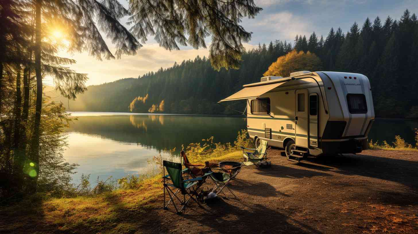 A serene campground surrounded by lush forests and a picturesque lake, with a Camping World rental camper nestled in the midst, showcasing the convenience, comfort, and freedom of renting from Camping World.