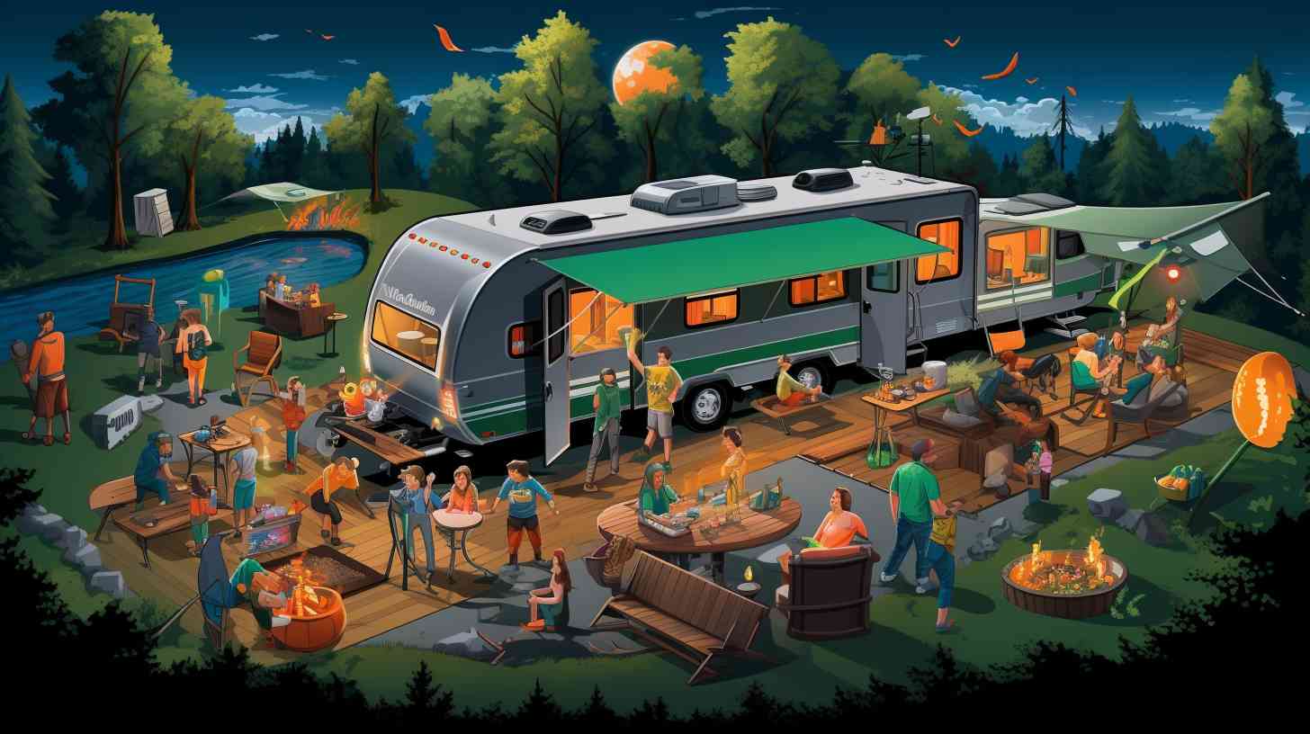 A vibrant and spacious campground with families happily setting up camp, surrounded by Camping World's rental campers. Customers are seen completing paperwork and staff assisting with camper selection.