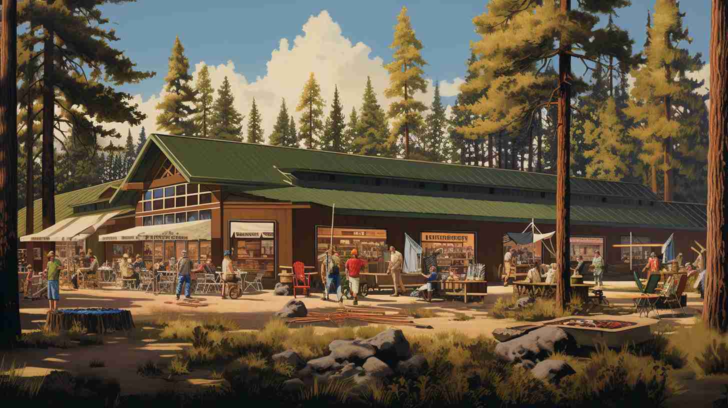 A diverse group of campers browsing a Camping World storefront nestled amidst towering pine trees, exploring the stores extensive collection of firearms for hunting, sporting, and self-defense options.