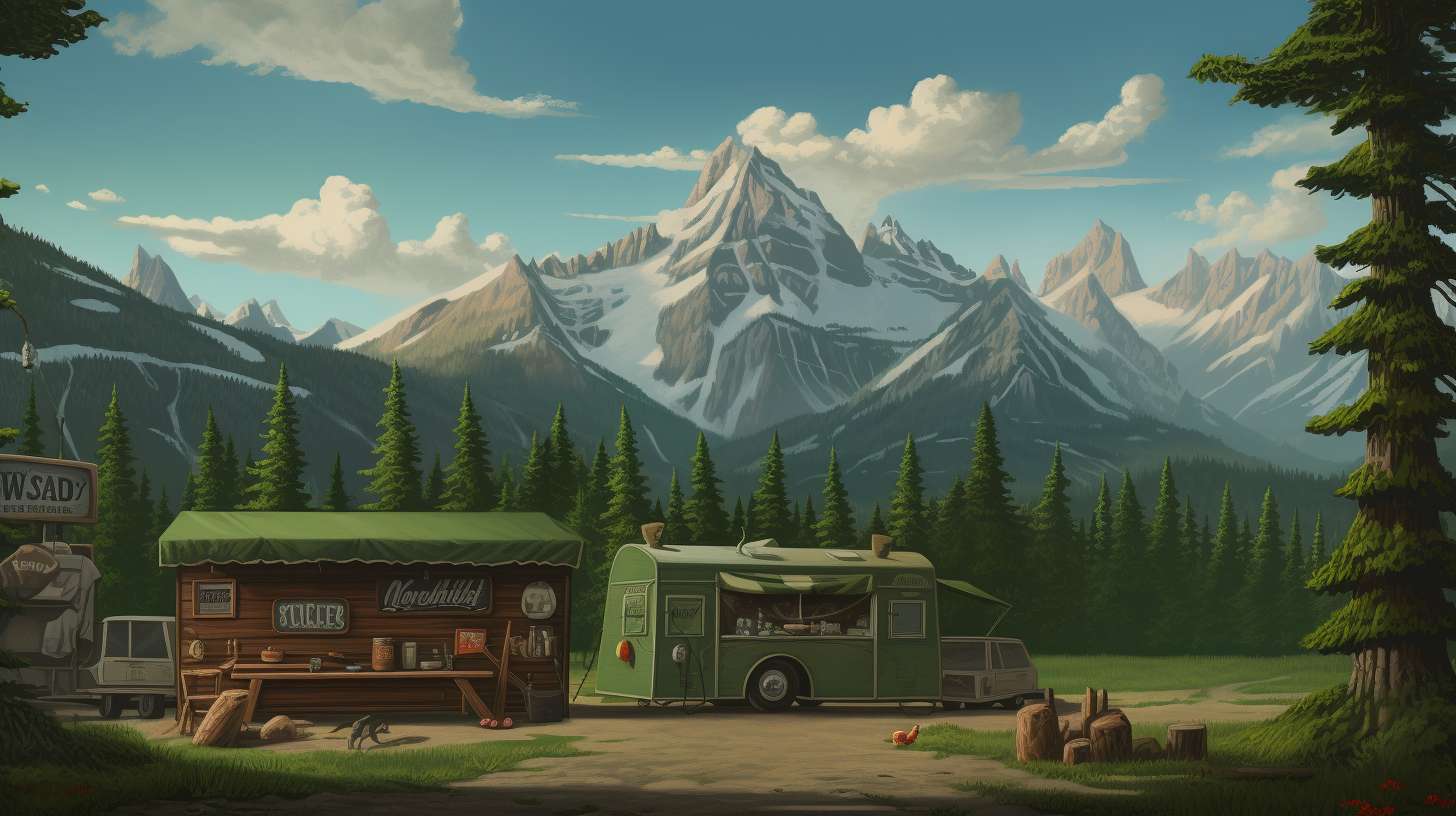 A rustic camping scene with a prominently displayed Camping World storefront, surrounded by lush greenery and towering mountains in the backdrop.