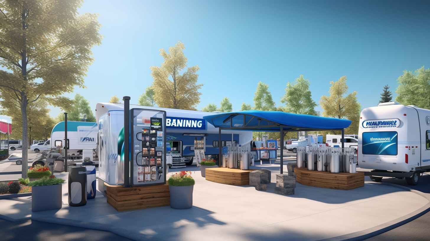 Customers refilling propane tanks at Camping World's dedicated Propane Center, surrounded by a variety of refill options and transparent pricing displays.