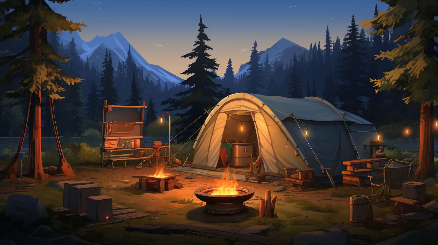 A serene camping scene with a well-organized campsite, showing a secure propane cylinder stored upright, away from flammable materials, and with clear ventilation.