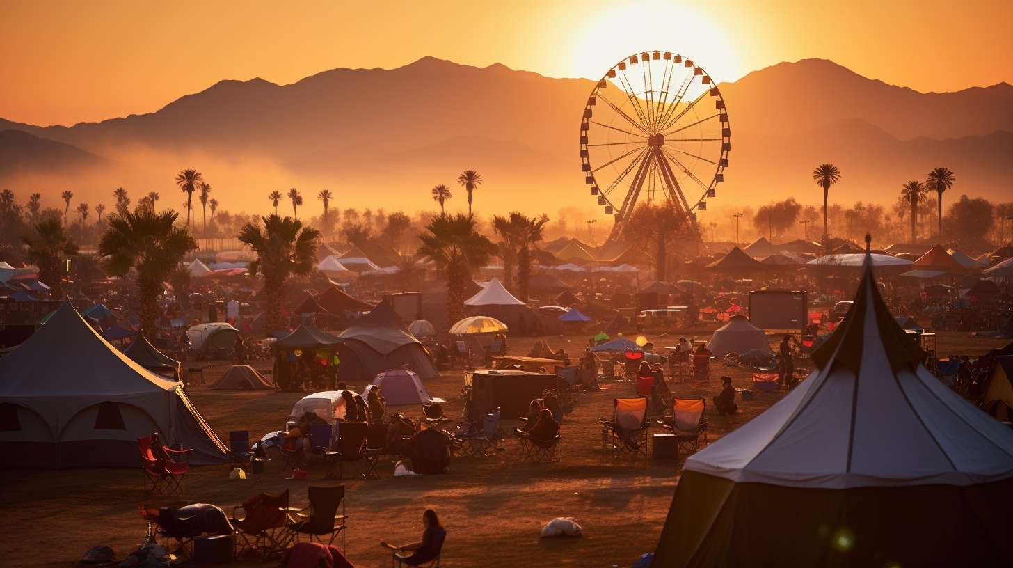 A contrasting image of Coachella's campground, with vibrant tents, lively campfires, and camaraderie on one side, and weary faces, sleepless nights, and chaotic surroundings on the other.