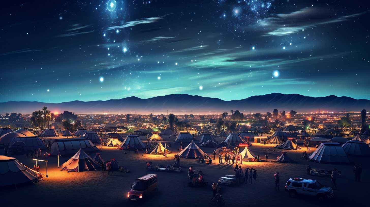 A vibrant desert campground at night, with colorful tents, bonfires, and the distant glow of the Coachella festival grounds.