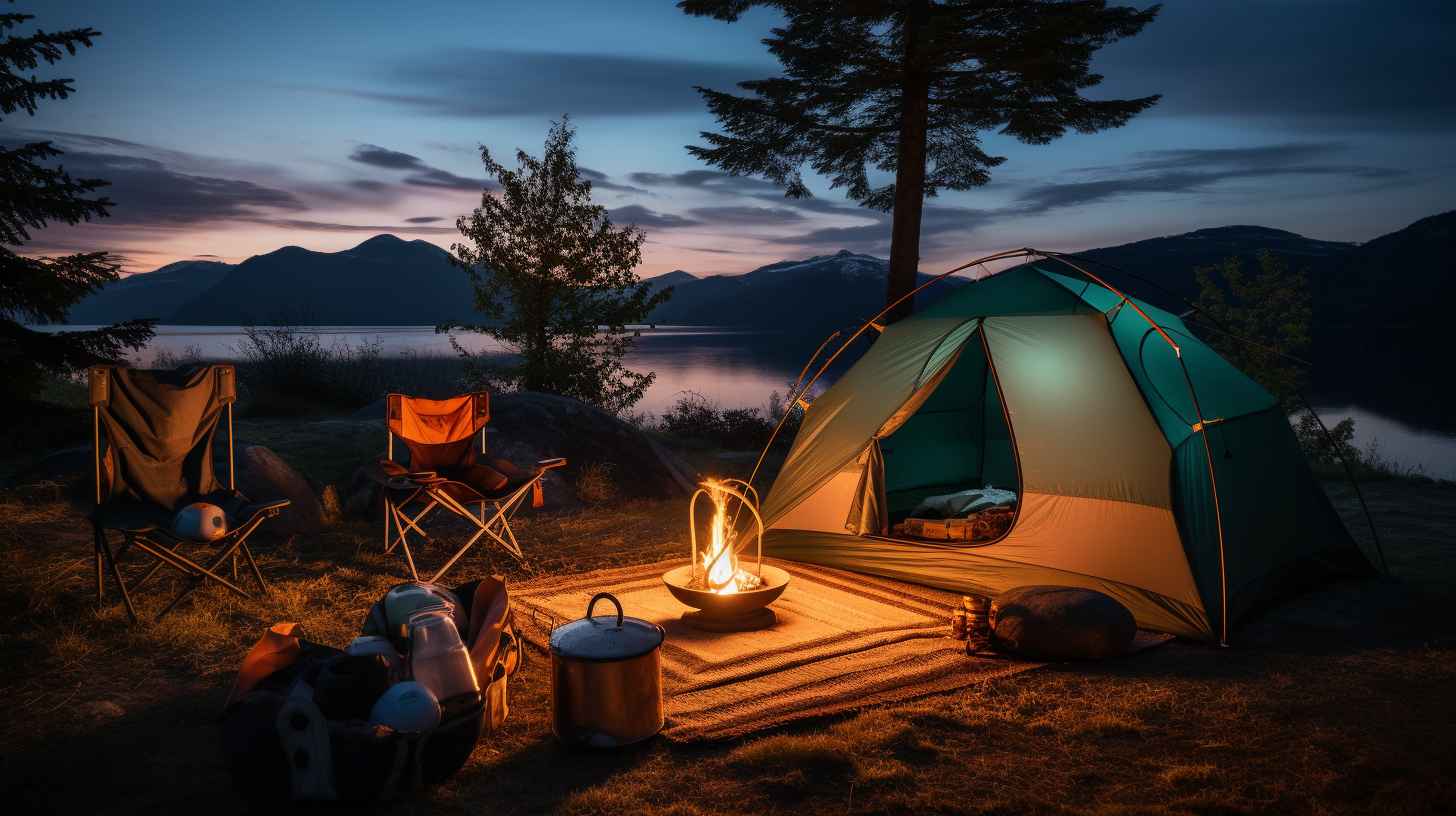 A variety of camping essentials including compact stove, durable tents, cozy sleeping bags, reliable lanterns, and essential cooking utensils arranged against a scenic natural backdrop.