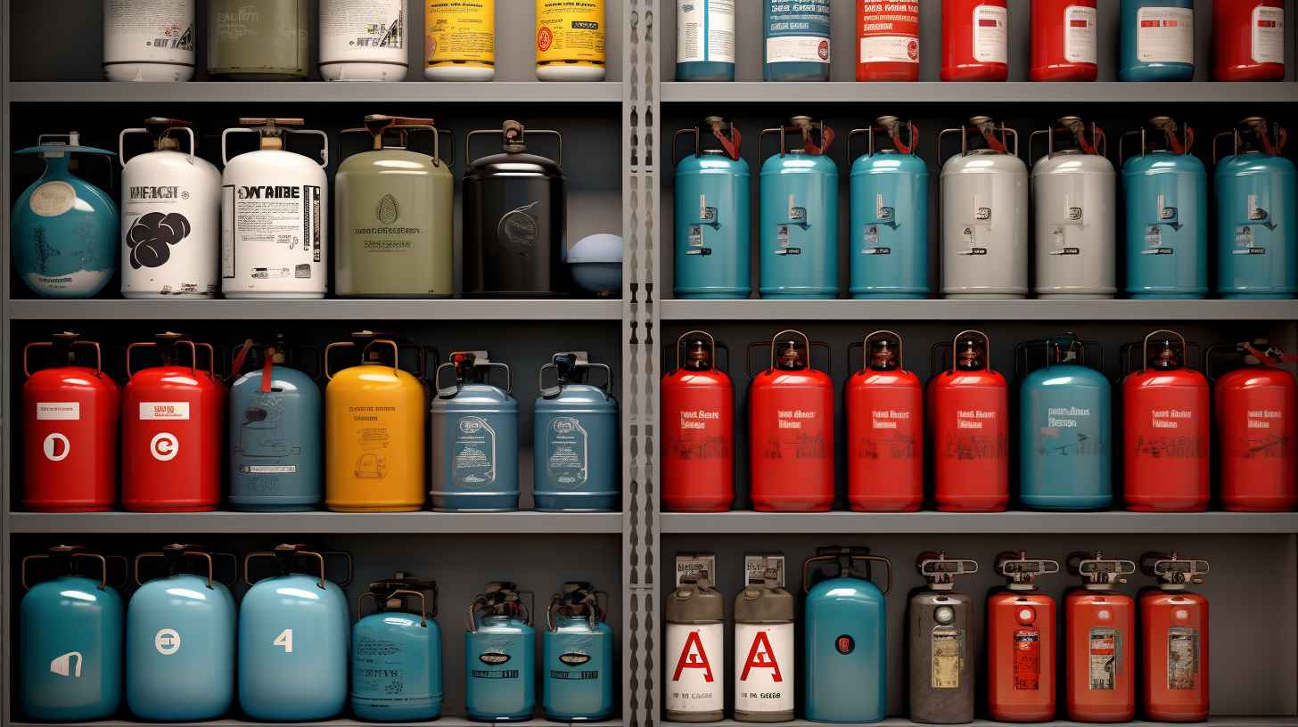 A variety of camping gas canisters neatly organized on a shelf at Decathlon, showcasing different sizes, brands, and types.