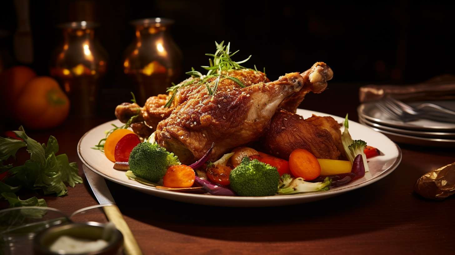 A golden-brown, perfectly crispy fried chicken thigh, glistening with savory juices, surrounded by a medley of crunchy air-fried vegetables.