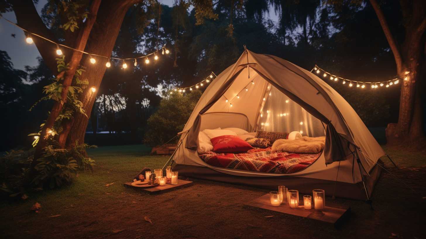 A cozy glamping tent nestled amidst lush greenery, surrounded by twinkling fairy lights and a crackling campfire at Forest Hills Stadium.