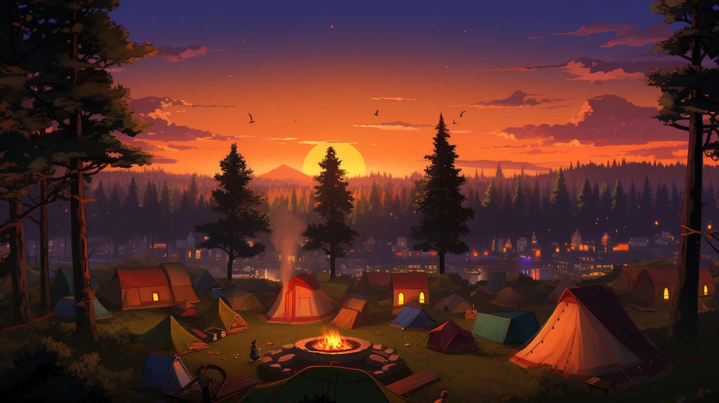 Families gathered around cozy campfires, roasting marshmallows, and pitching colorful tents beneath towering trees at Forest Hills Stadium, evoking a tranquil camping experience at dusk.