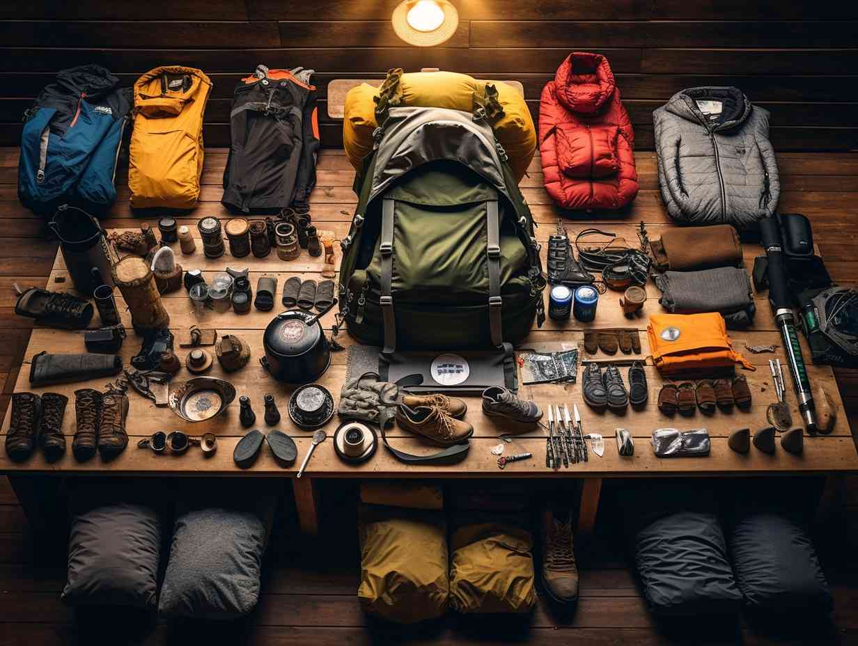 Gently used camping gear including tents, sleeping bags, backpacks, and cooking utensils neatly arranged on a rustic wooden table.