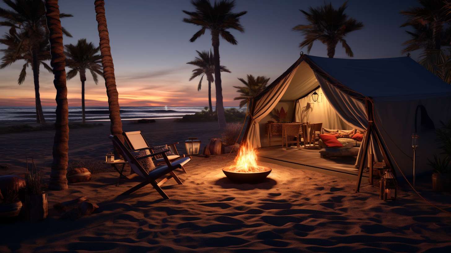 A serene beachfront campsite at Huntington Beach, with a cozy tent nestled between palm trees, a crackling bonfire, and a hammock swaying gently in the ocean breeze.