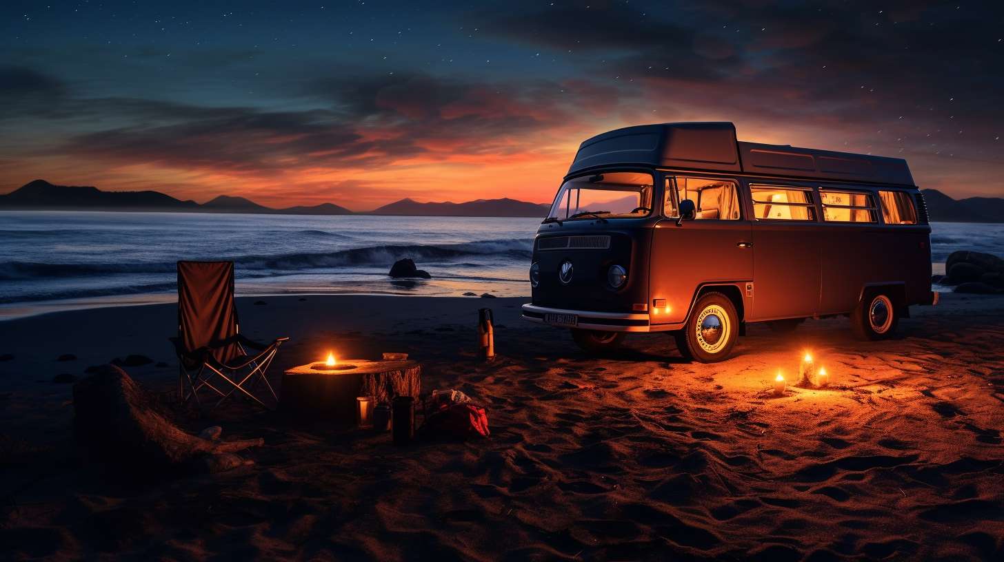 A serene silhouette of a camper van parked by the crashing waves of Huntington Beach at dusk, with a cozy campfire flickering nearby and a starry sky stretching above.