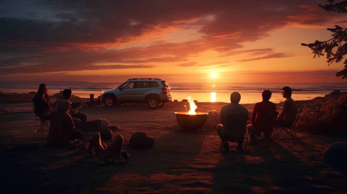 A serene sunset scene at Huntington Beach, with a group of campers peacefully gathered around a campfire.