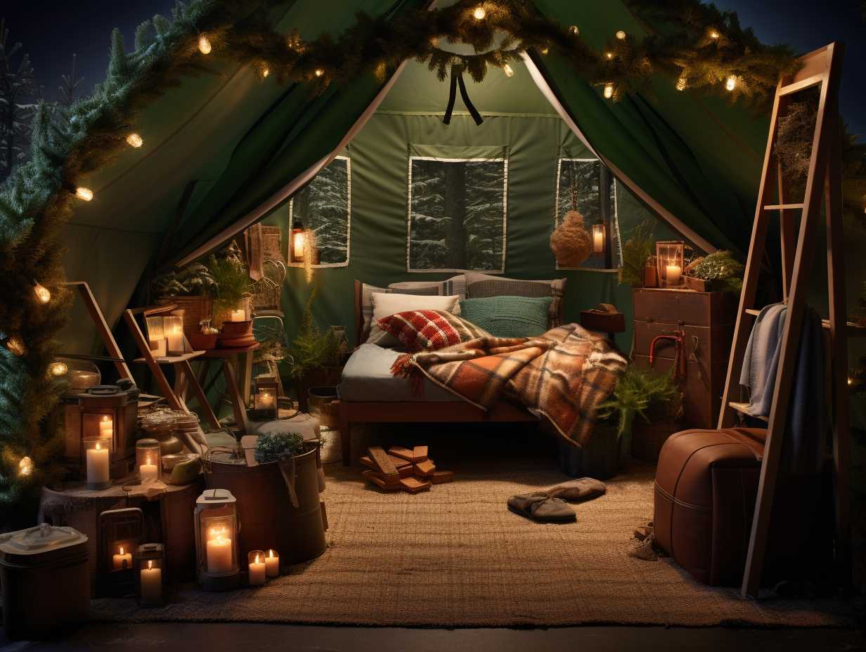 A cozy woodland-inspired camping scene with a spacious tent, sleeping bags, foldable chairs, portable stove, and lanterns perfectly arranged within an Ikea showroom.