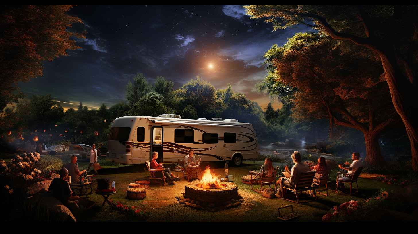 Campers enjoying a crackling campfire under a starlit sky in the serene beauty of Kia Forum surrounded by lush greenery.