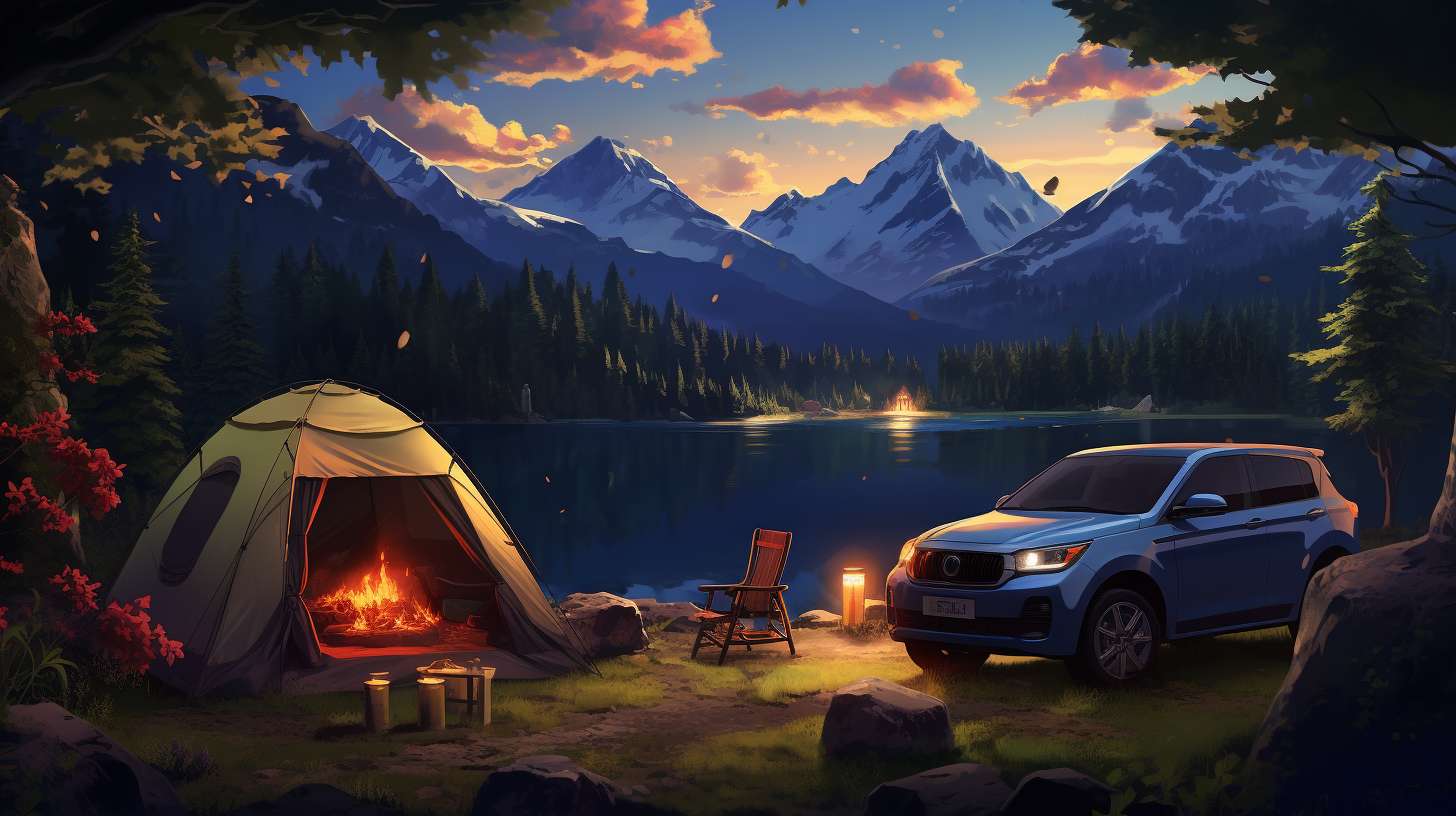 A serene evening scene at a campsite with a cozy tent, flickering campfire, and camping gear, showcasing the harmonious blend of nature and Kia Forums camping capabilities.