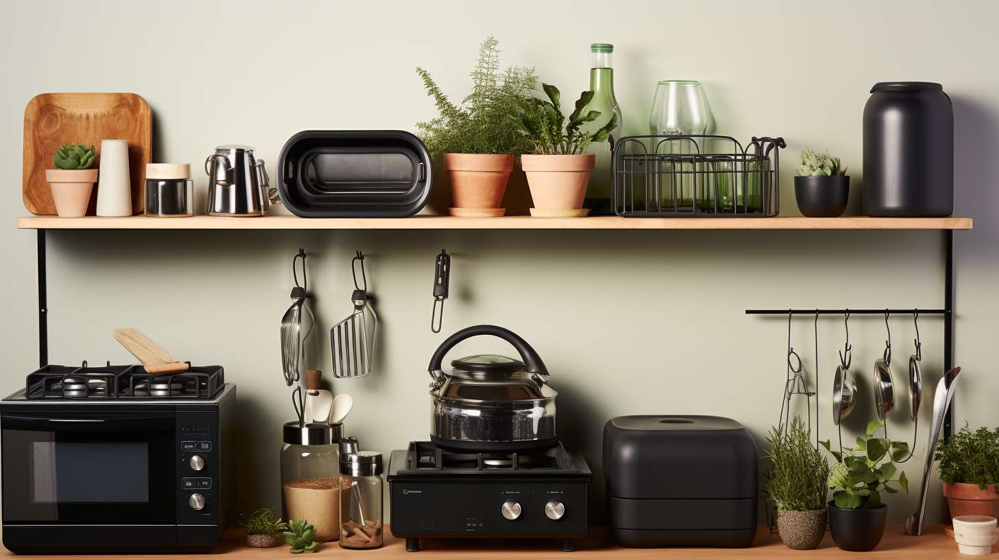 A neatly arranged display shelf at Kmart showcasing a variety of air fryer accessories including racks, pans, and utensils.