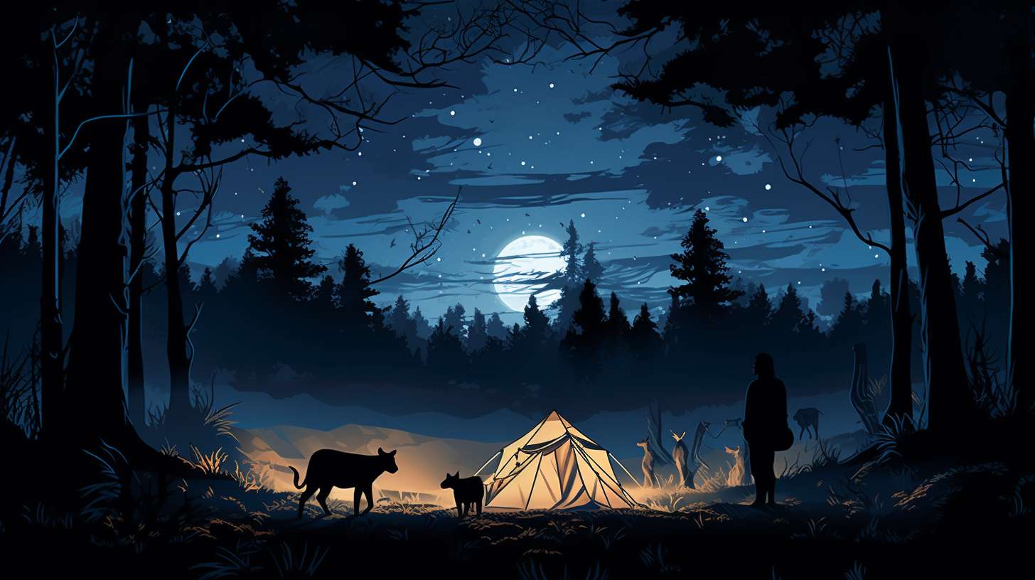 A serene campground immersed in moonlight, with silhouettes of nocturnal creatures and tent shadows.