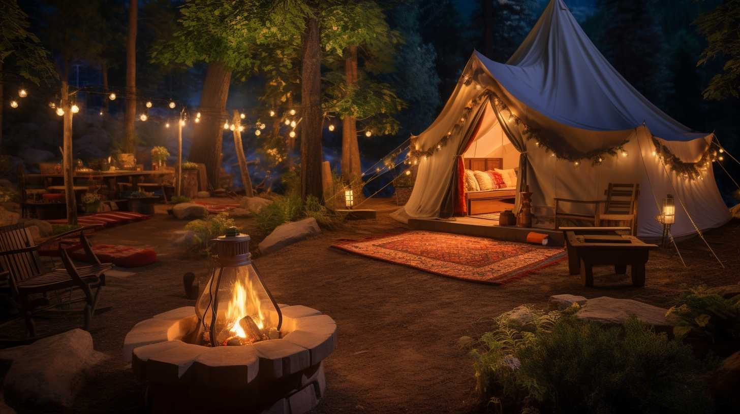 A serene campsite nestled amidst lush greenery, overlooking the majestic MGM Music Hall. A cozy tent is pitched under a starry sky, with a crackling campfire and camping gear nearby.