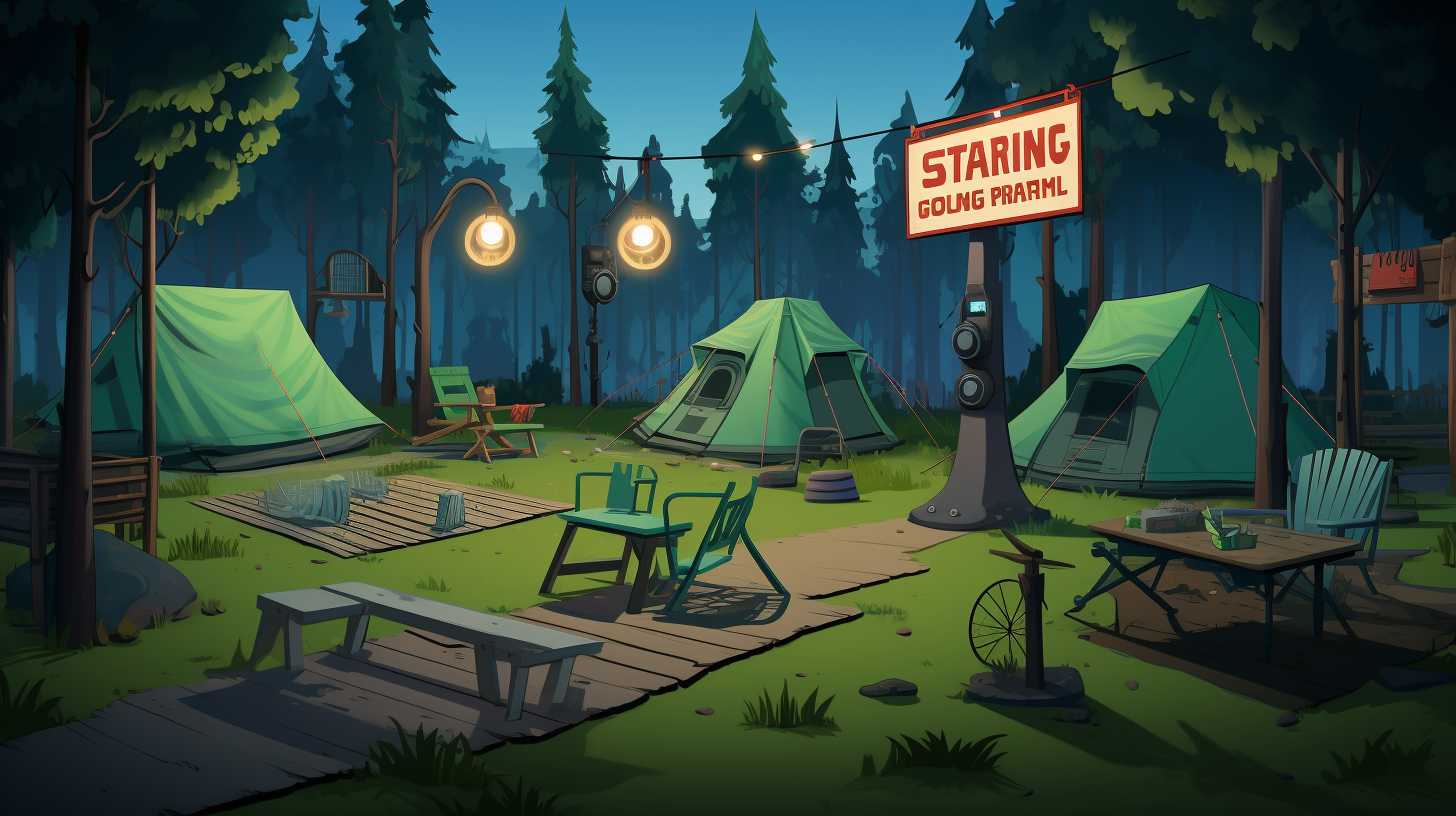 A serene campsite at MGM Music Hall with clear boundaries marked by signposts and a set of camping rules displayed. The image conveys a peaceful atmosphere and adherence to regulations.