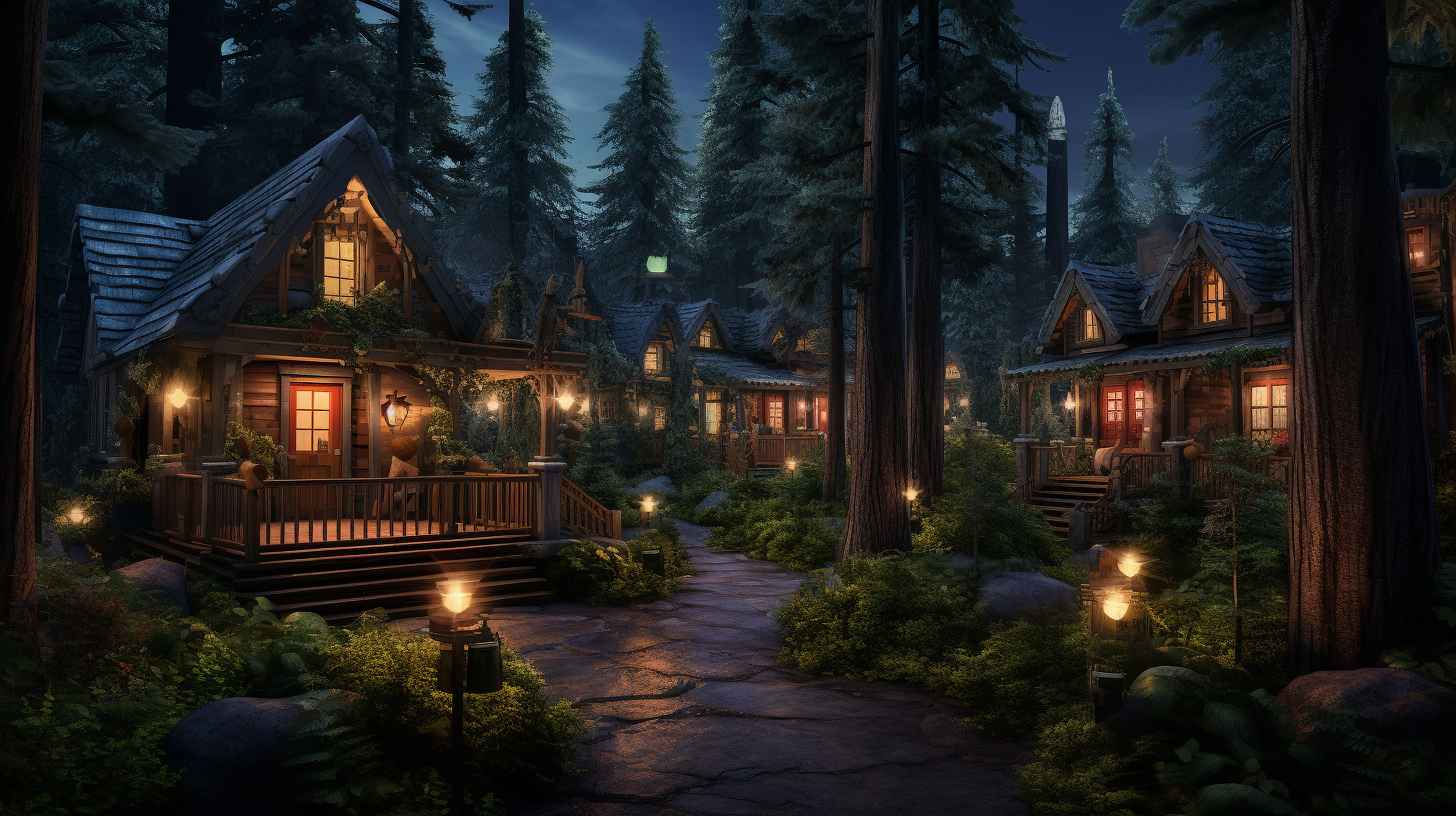 Cozy cabins nestled amongst the trees in a serene forested area, offering an alternative accommodation option near MGM Music Hall.