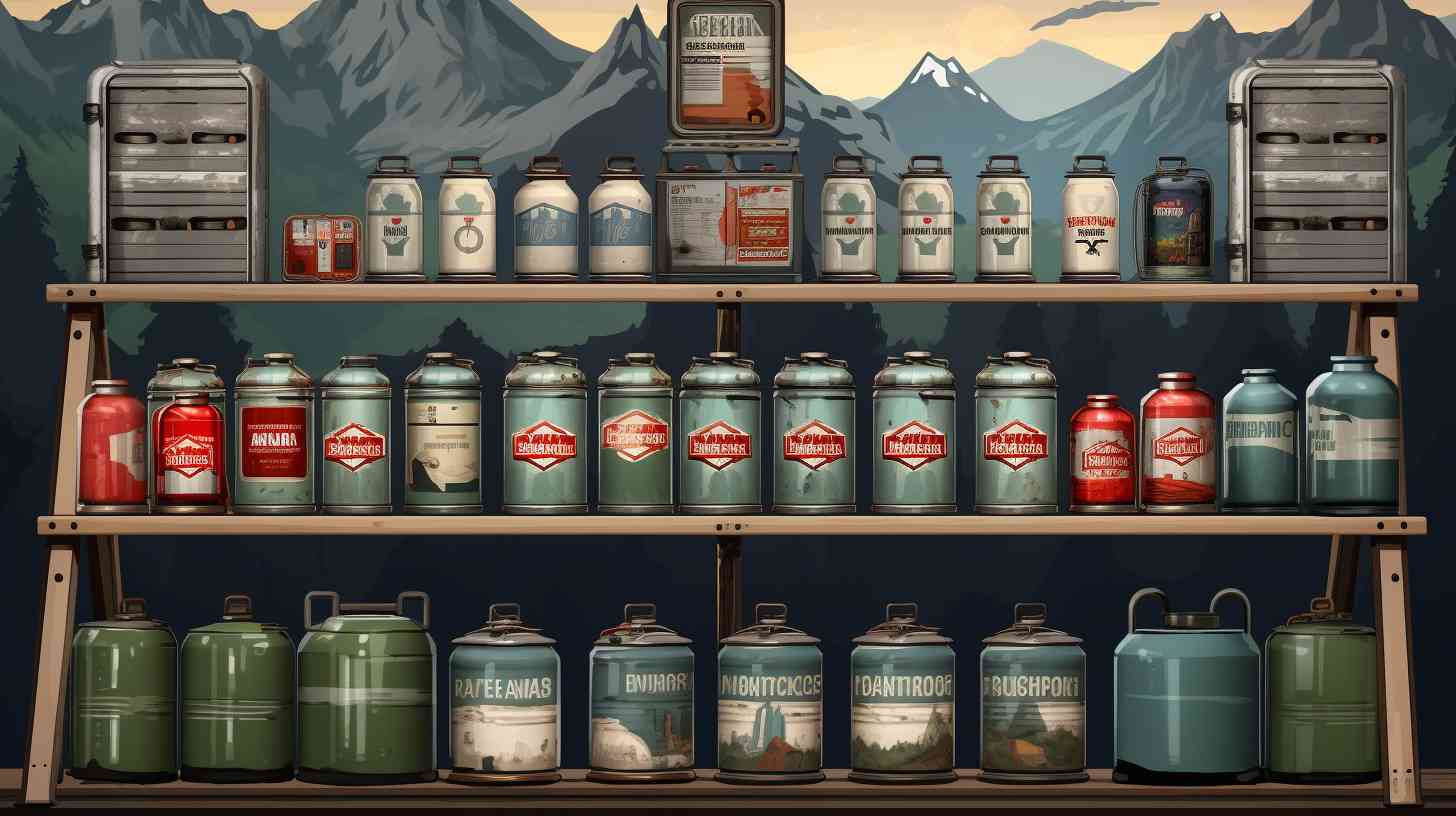 A well-stocked Mountain Warehouse store shelf showcasing various camping gas canisters of different sizes, brands, and prices.