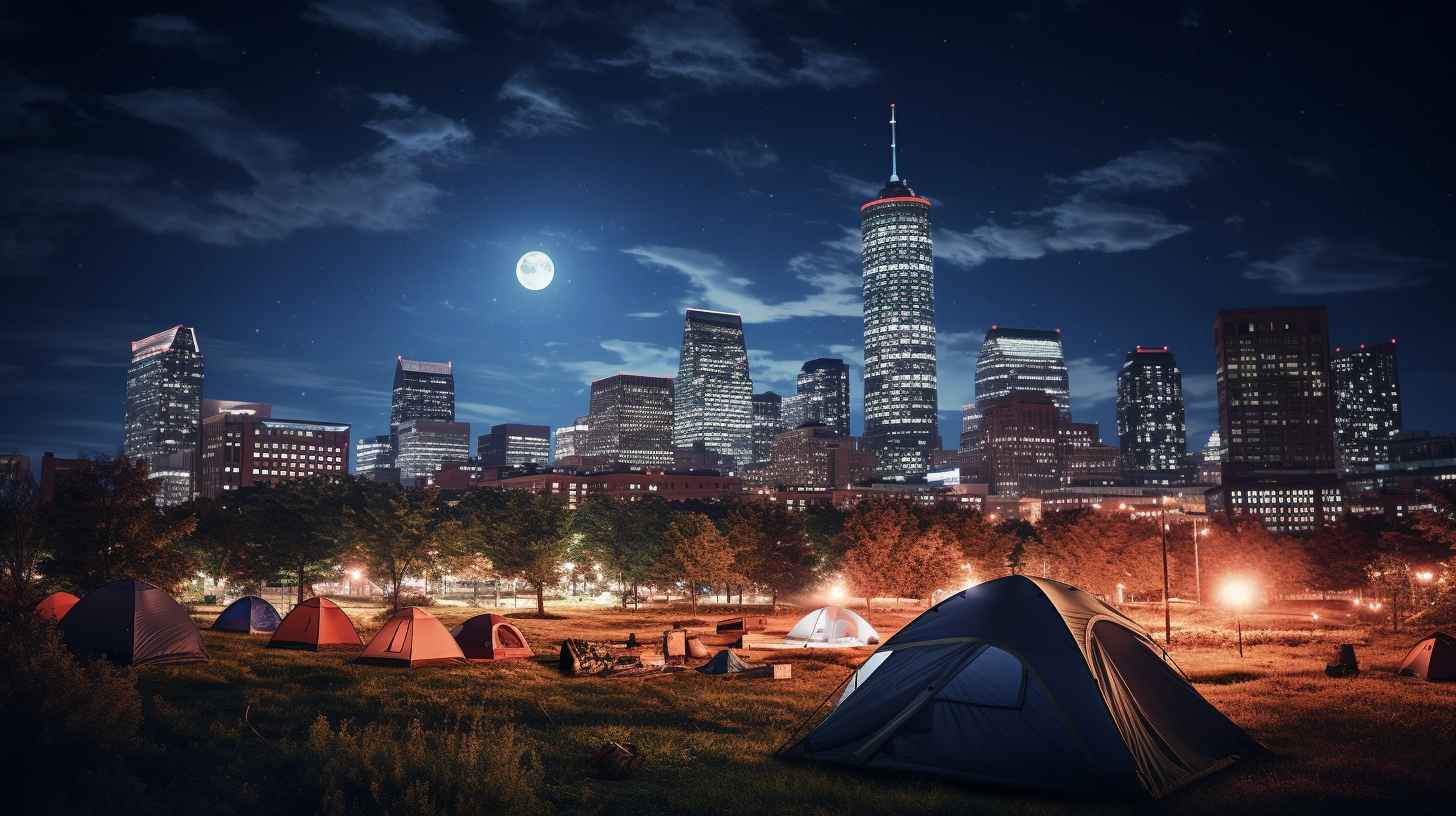 A serene camping scene beneath the moonlit Prudential Center, with tents, campfires, and stargazing illuminating the night.