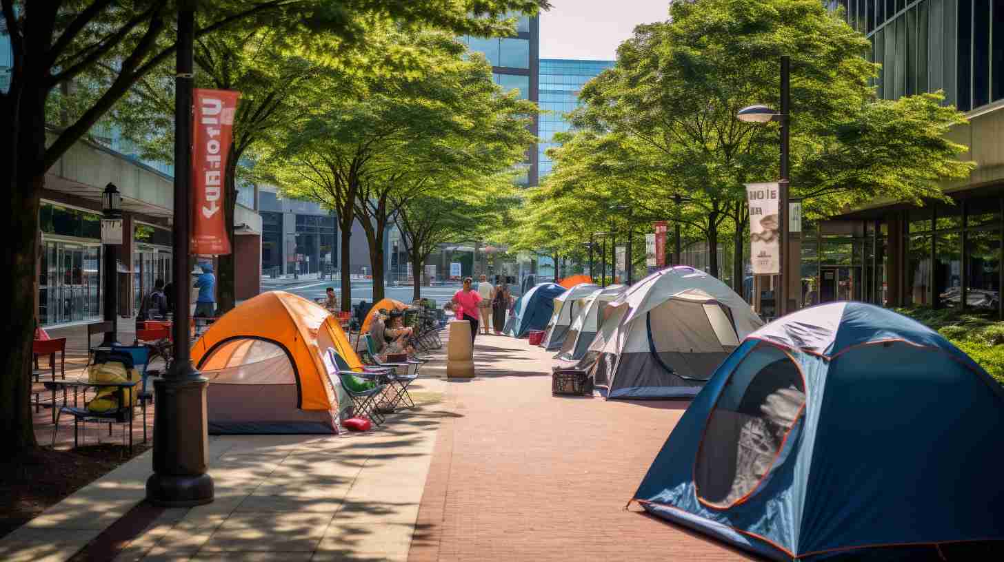 Outdoor scene with tents pitched outside Prudential Center, displaying clear signage prohibiting camping activities.