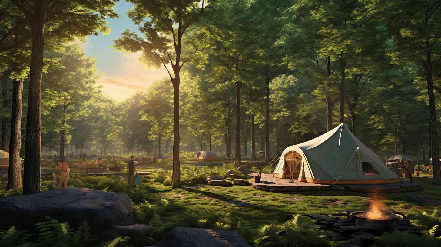 A sprawling landscape with Prudential Center in the background, surrounded by lush forests and picturesque campsites, offering convenient accommodations for outdoor enthusiasts.