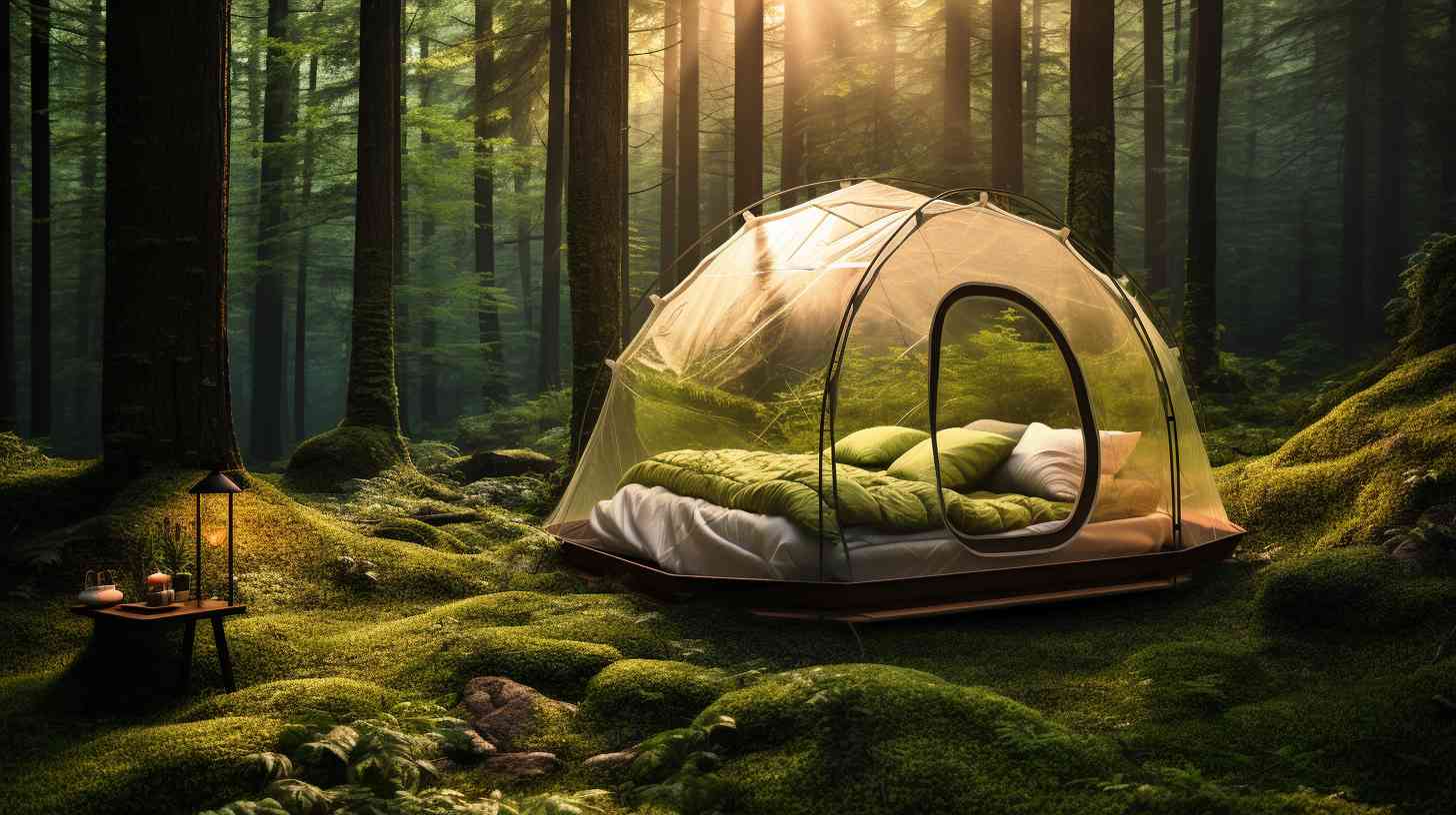 A cozy camping tent surrounded by a transparent barrier, representing the limitations and exclusions of renters insurance policies.