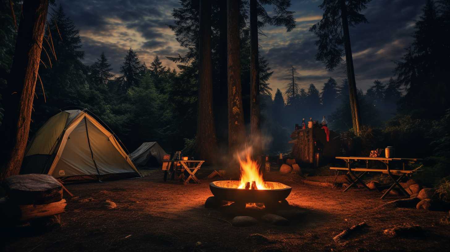 A cozy campsite nestled amidst towering pine trees, with a well-equipped tent, camping gear, and a flickering campfire.