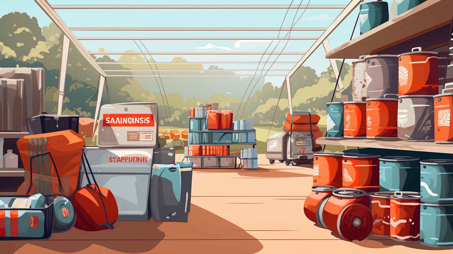 A vibrant Sainsburys supermarket aisle with neatly stacked shelves showcasing a variety of camping equipment, including Camping Gas canisters.