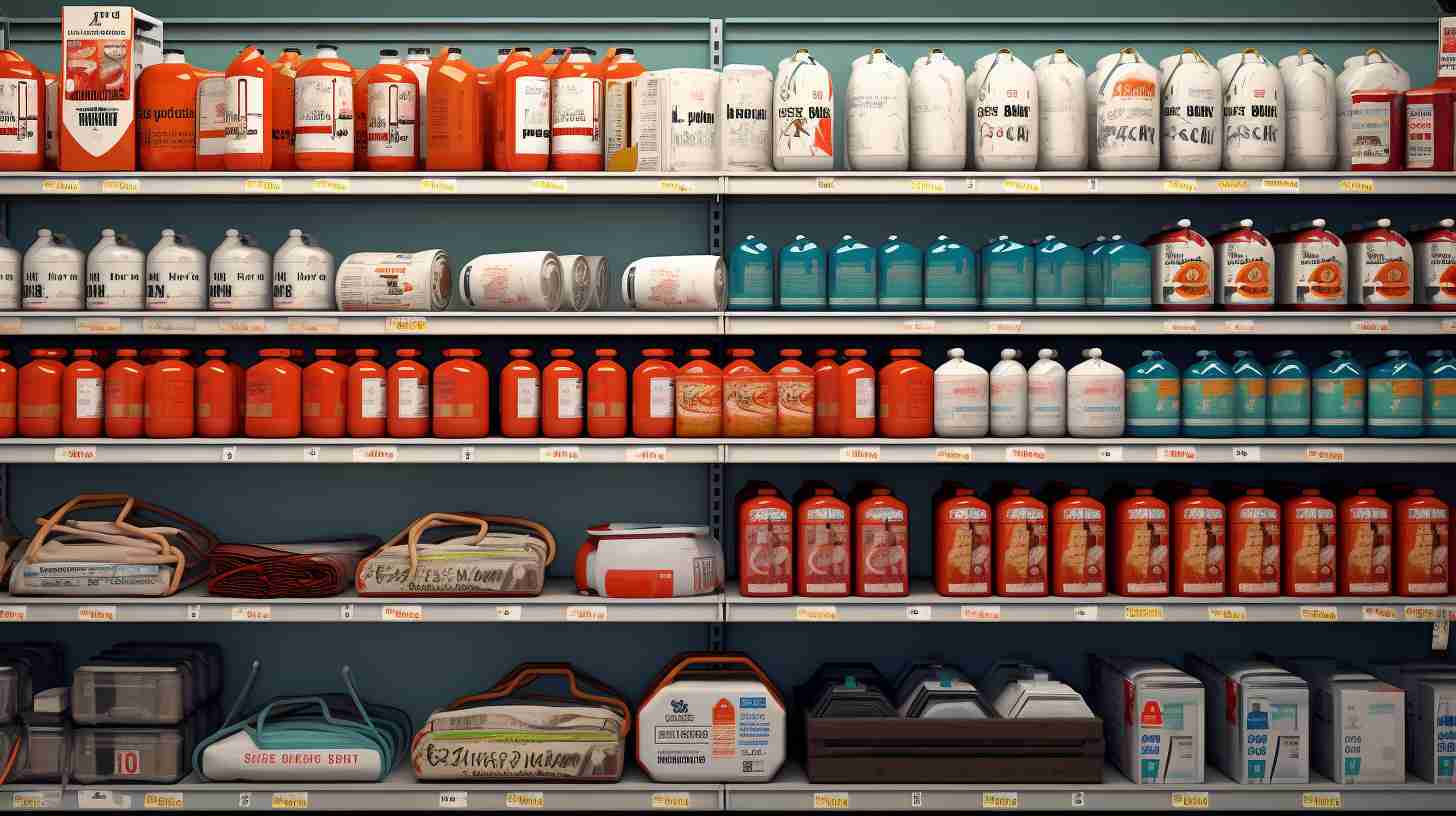 A well-lit aisle in Sainsburys showcasing a variety of neatly arranged gas canisters with clear price tags, surrounded by camping gear.