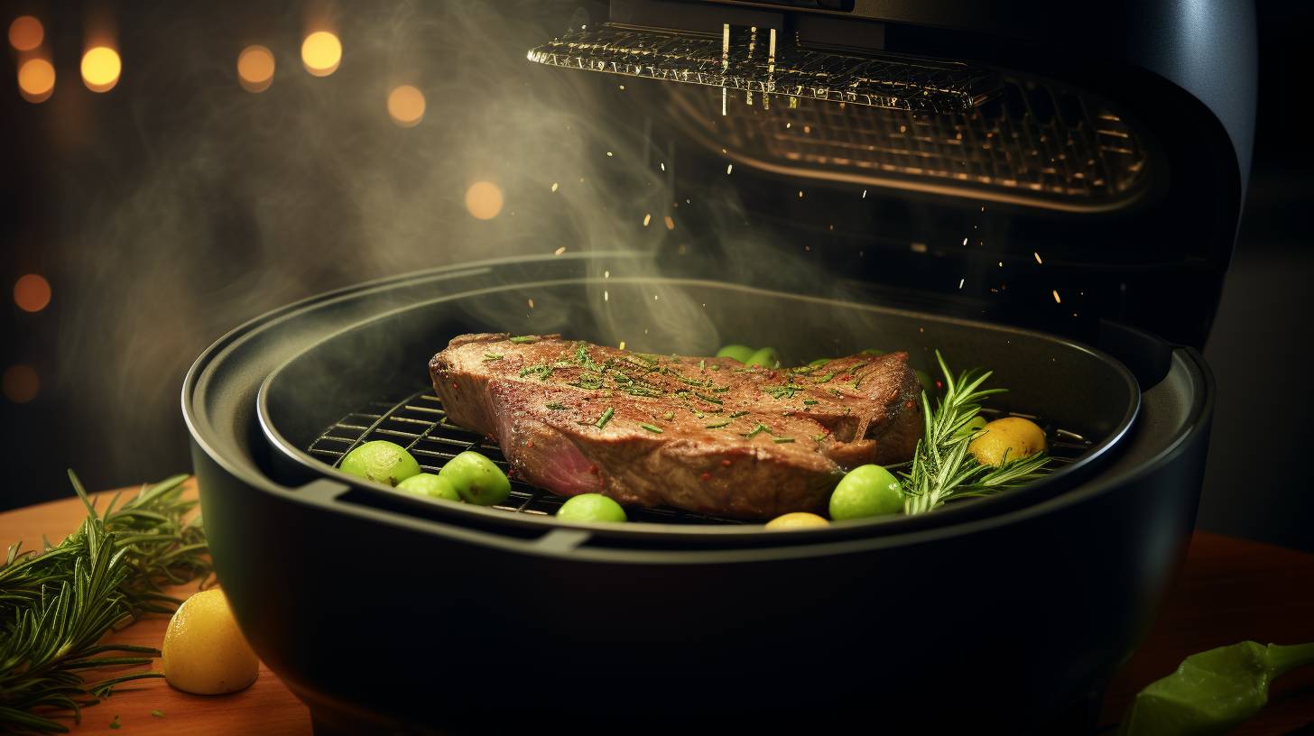 Succulent steak sizzling inside an air fryer, surrounded by golden, crispy edges, showcasing the scientific process of air frying steak to seal in juices and create a delectable crust.