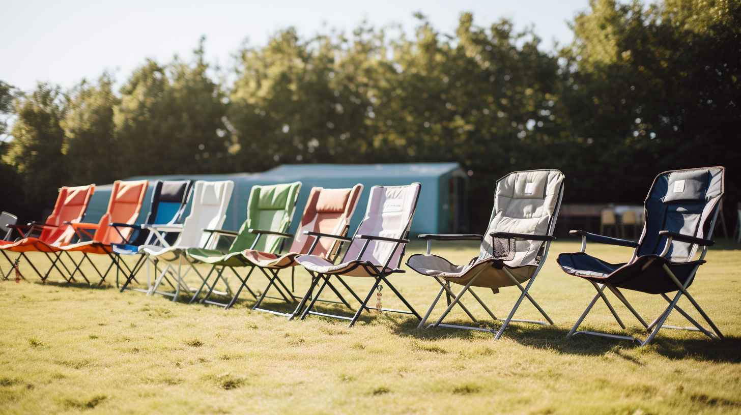 A diverse range of sturdy and comfortable camping chairs neatly displayed on shelves, contrasted with a smaller section of lower-quality chairs in disarray.