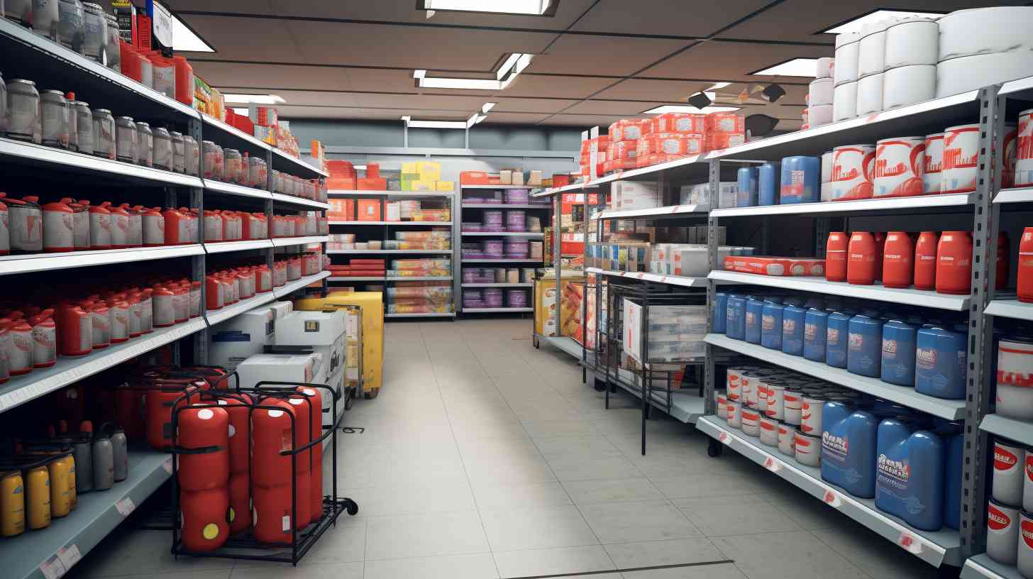 A diverse range of camping equipment displayed on neatly stocked shelves, with prominently featured camping gas canisters.