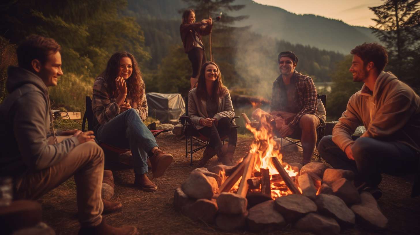 A diverse group of campers gathered around a cozy campfire, nestled among lush mountains, emphasizing the importance of choosing the right travel insurance for camping.