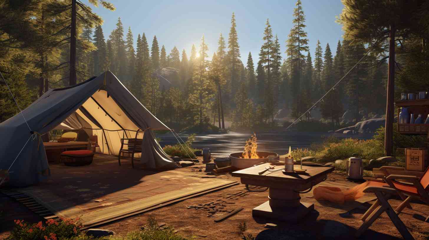 A sunlit campground nestled amidst towering pine trees, with a cozy tent pitched nearby. A travelers backpack, hiking boots, and a map lay on a wooden picnic table, hinting at outdoor adventures.