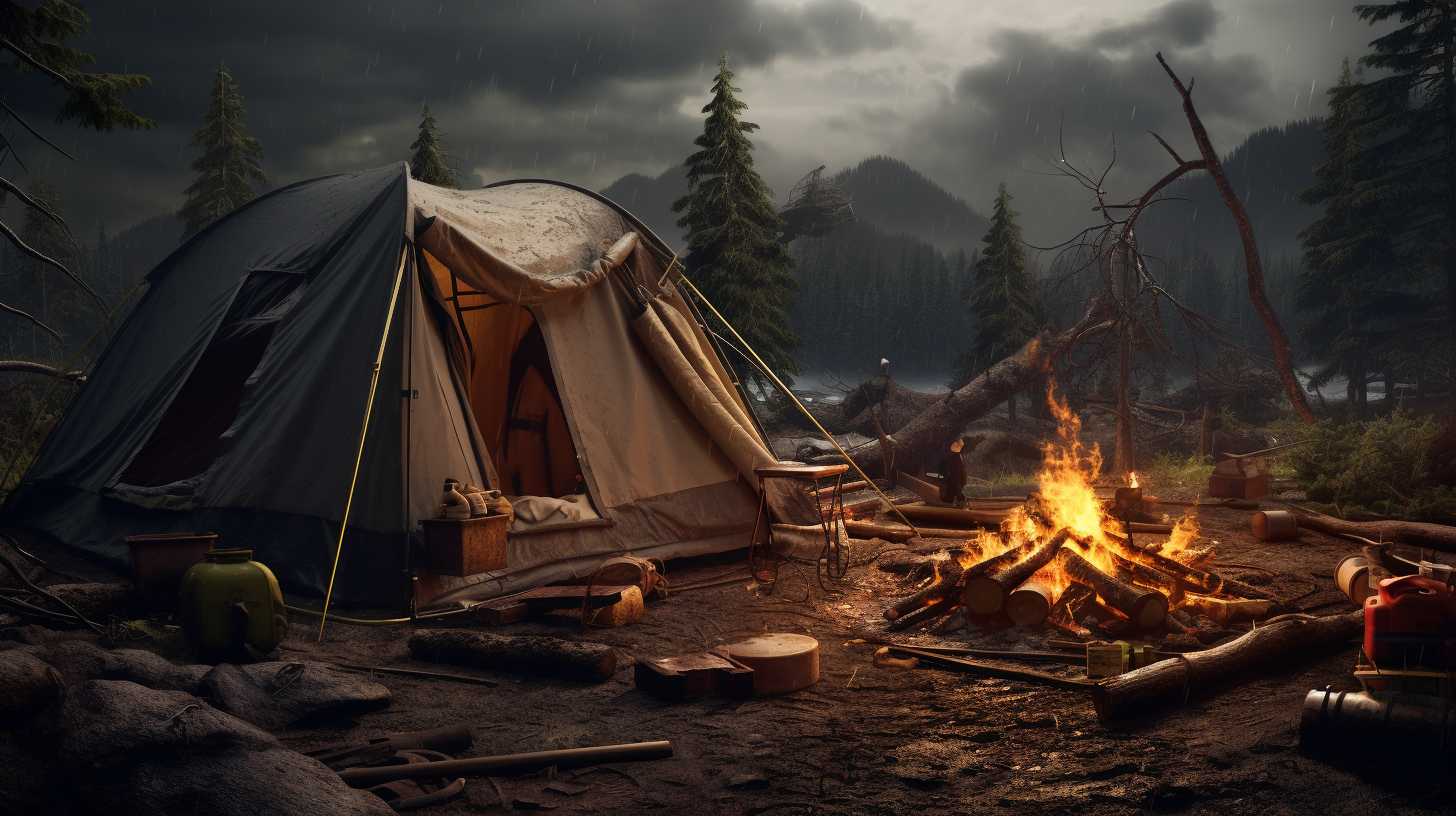 A traveler's tent damaged by a fallen tree during a storm, with a broken camping stove and a lost backpack nearby, illustrating the common camping incidents covered by travel insurance.