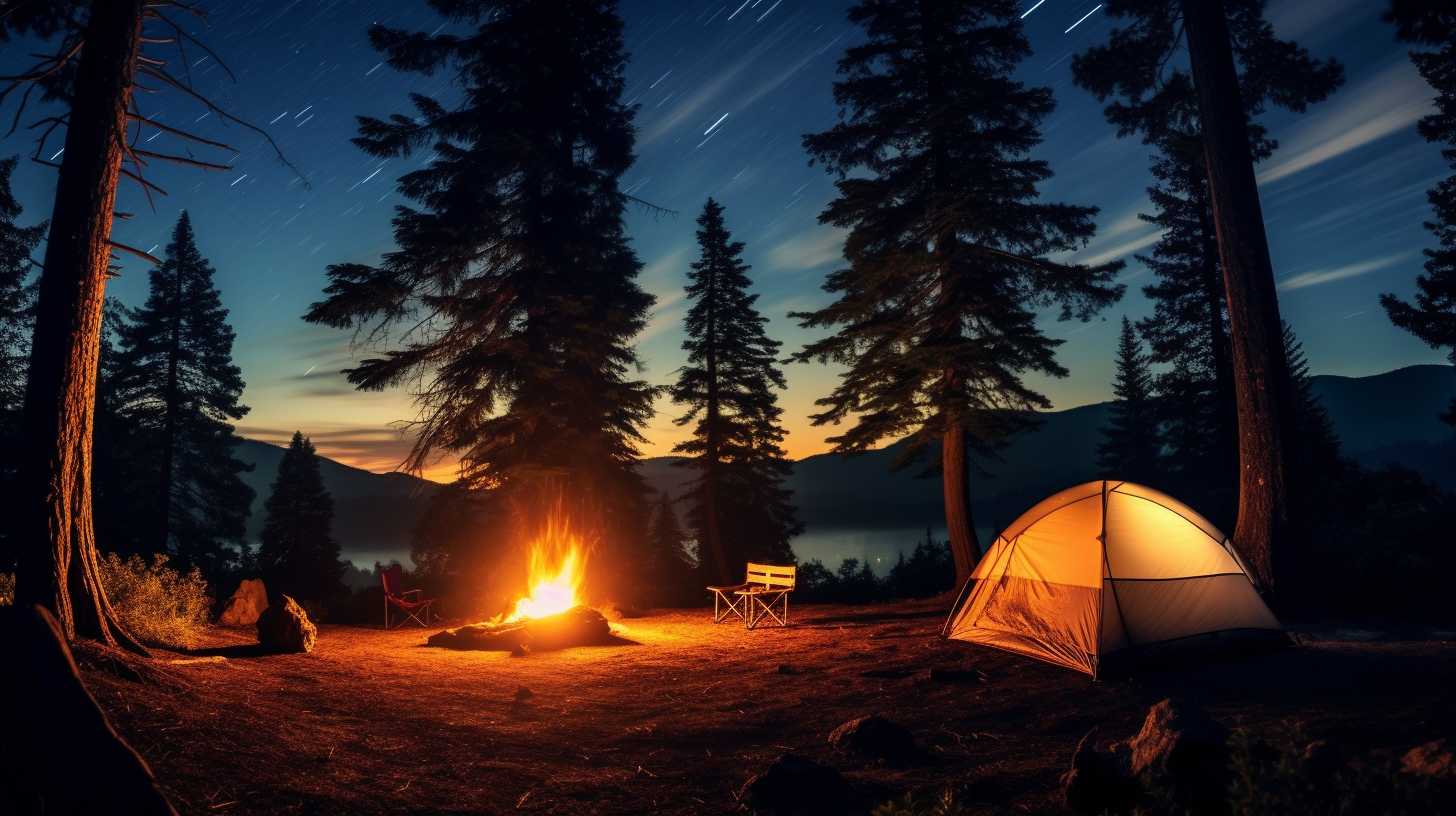 A serene campsite nestled amidst lush pine trees, with a crackling campfire nearby, casting a warm glow on a group of friends enjoying a starry night sky in Wind Cave National Park.