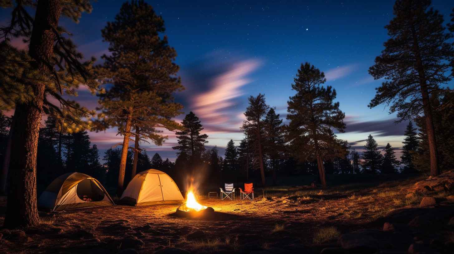 A serene star-lit night sky at Wind Cave National Park, with a cozy campfire flickering beside a tent nestled amidst towering pine trees, inviting adventurers to experience the wonders of camping in this majestic setting.