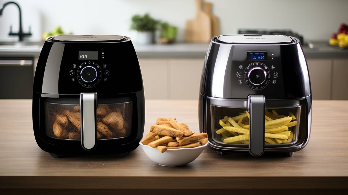 Side-by-side comparison of Gourmia Air Fryer and Power Airfryer XL showcasing sleek design, digital control panels, and various cooking presets.