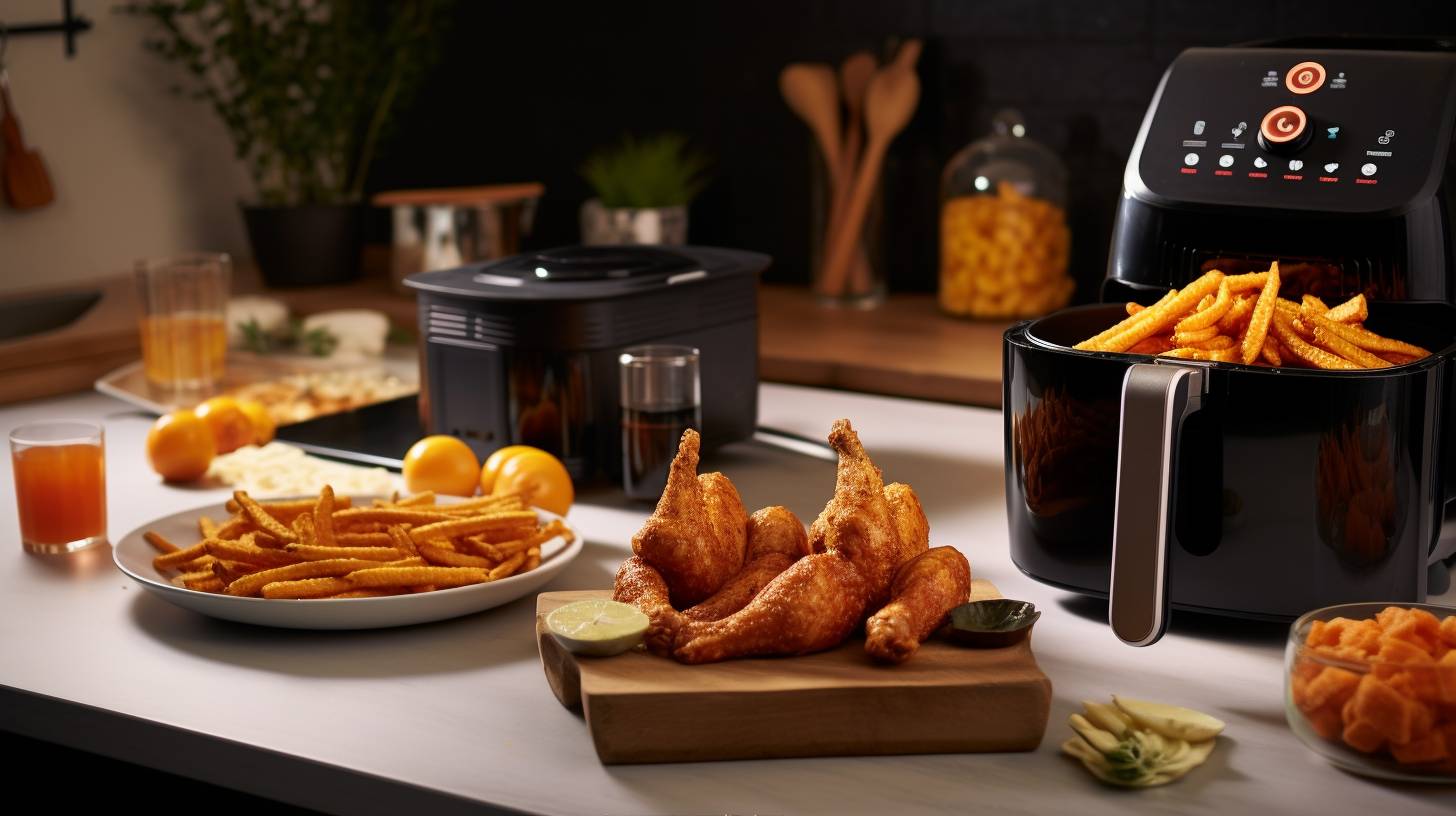 Two sleek modern kitchen countertops with Gourmia Air Fryer and Power Airfryer XL, displaying golden fries, crispy chicken wings, sweet potato wedges, and caramelized onion rings.