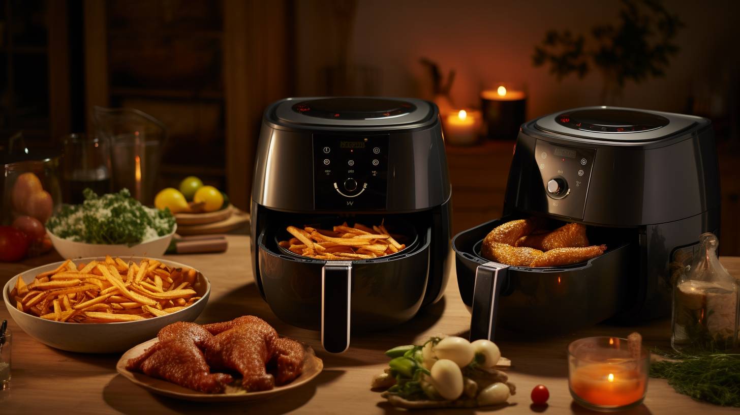 Two air fryers side by side, one Halogen Air Fryer and one Actifry, filled with an assortment of ingredients to showcase their cooking capacity.