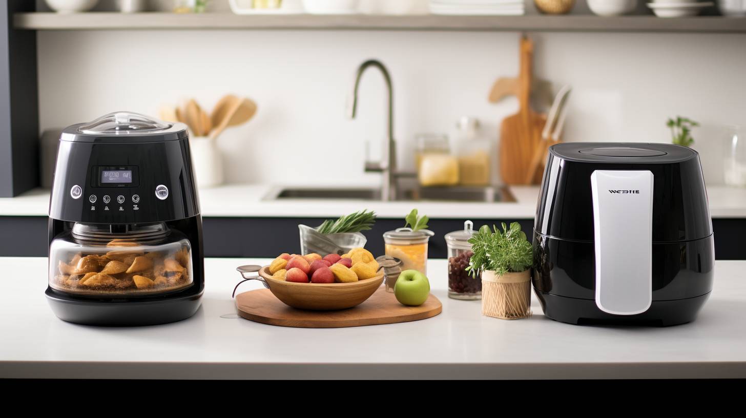 Two kitchen countertops with appliances - a sleek Halogen Air Fryer and an elegant Actifry, showcasing their value for money.