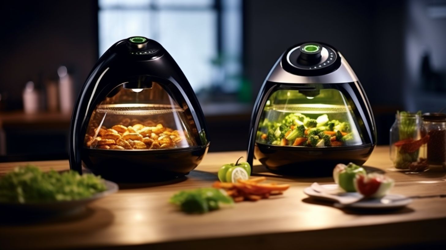 Two sleek and modern kitchen appliances side by side - a Halogen Air Fryer with a transparent dome and an Actifry with a paddle system.