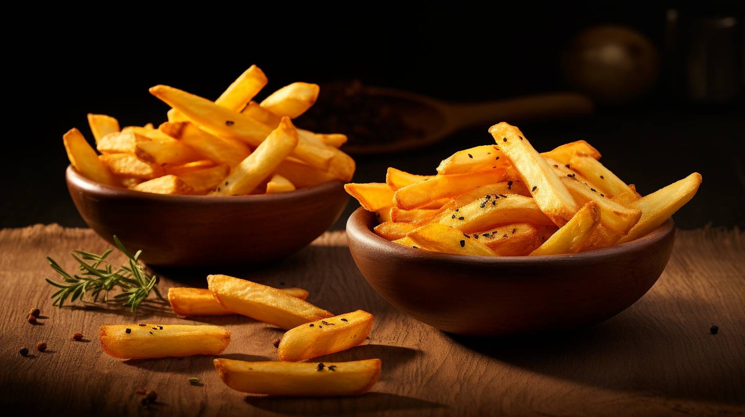 Two batches of perfectly golden and crispy fries, one cooked in the Havells Air Fryer and the other in the Philips Airfryer, both equally delicious and appetizing.