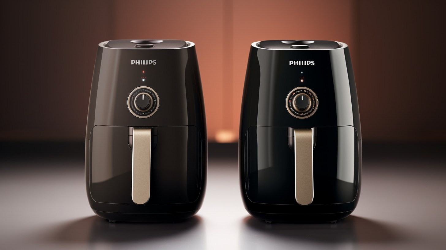 Two sleek and modern air fryers side by side, one from Havells and the other from Philips, showcasing their features and craftsmanship to highlight the comparison of price and value.