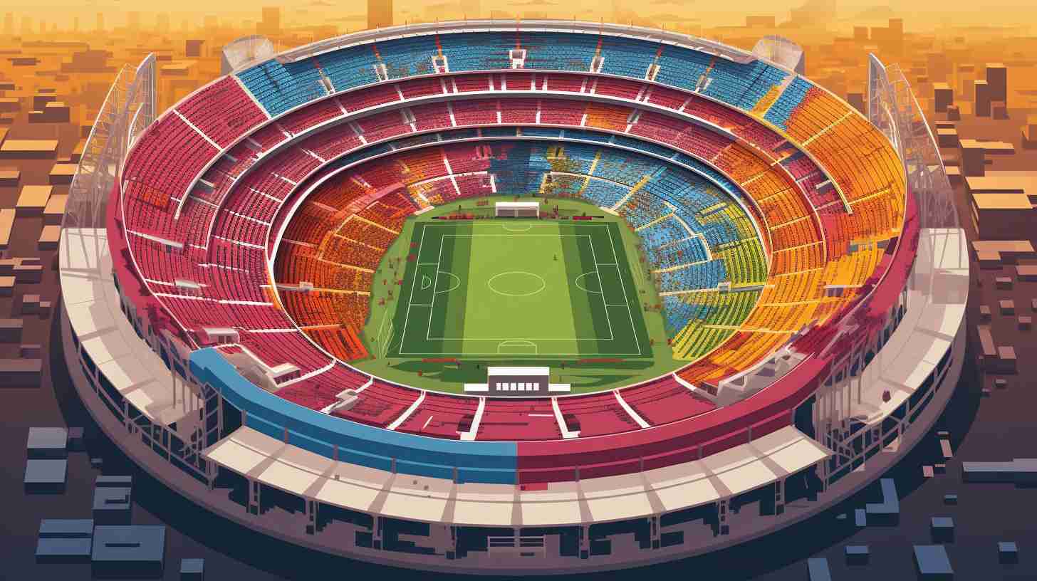 Seating layout of Camp Nou showcasing vibrant colors to differentiate sections and zones, highlighting different levels, entrances, and aisles with intricate numbering system of seats.