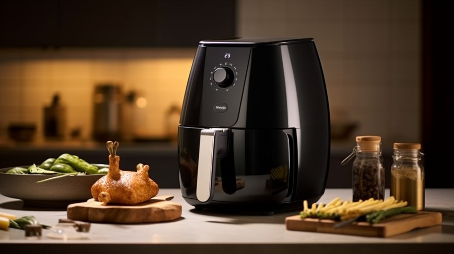 A sleek and modern air fryer with user-friendly controls, designed for a stress-free cooking experience for a family of 2.